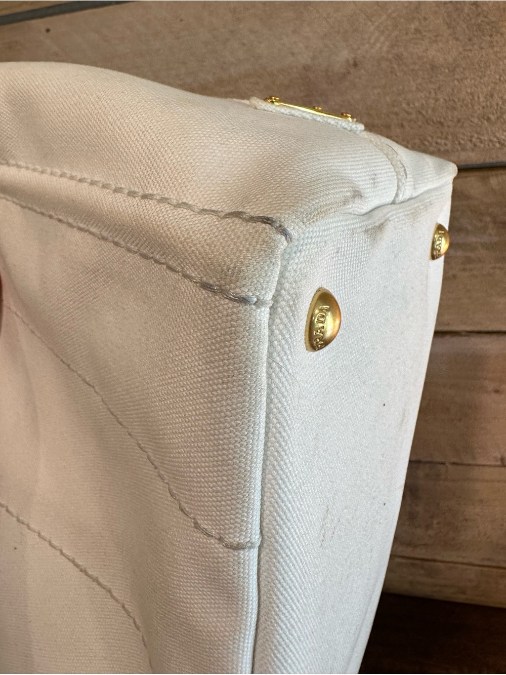 Authentic Prada Canapa Small Tote in ivory/cream canvas w/ gold hardware & strap - Picture 16 of 16